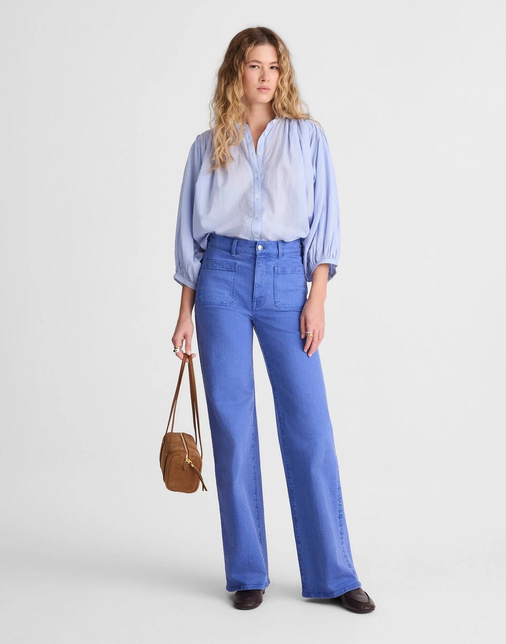 NWT Madewell Shirred Crewneck Button-Up Top Tranquil Blue L